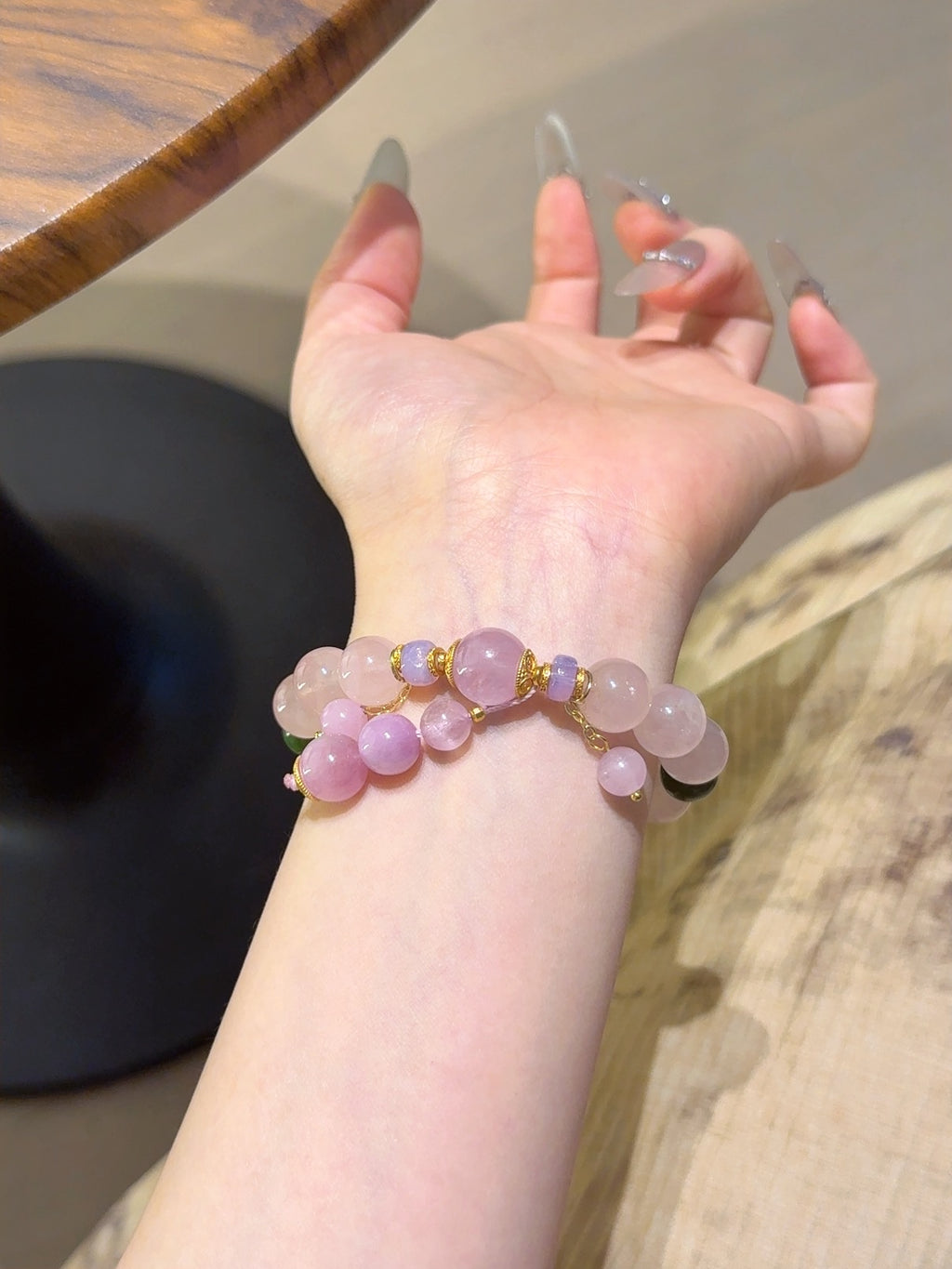 Natural Rose Quartz Crystal Bracelet — Rose Quartz, Kunzite, Green Jade, Charoite | Handmade Crystal Jewelry
