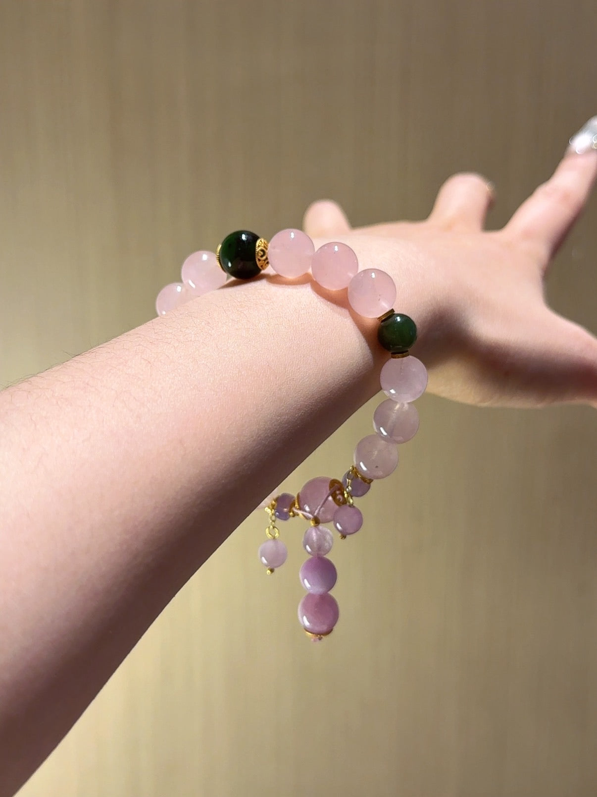 Natural Rose Quartz Crystal Bracelet — Rose Quartz, Kunzite, Green Jade, Charoite | Handmade Crystal Jewelry