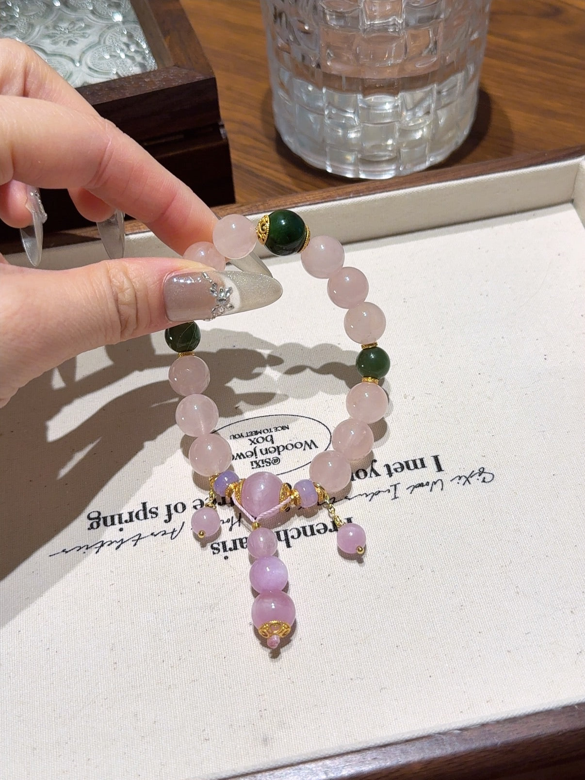 Natural Rose Quartz Crystal Bracelet — Rose Quartz, Kunzite, Green Jade, Charoite | Handmade Crystal Jewelry