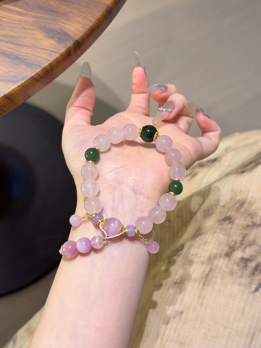 Natural Rose Quartz Crystal Bracelet — Rose Quartz, Kunzite, Green Jade, Charoite | Handmade Crystal Jewelry
