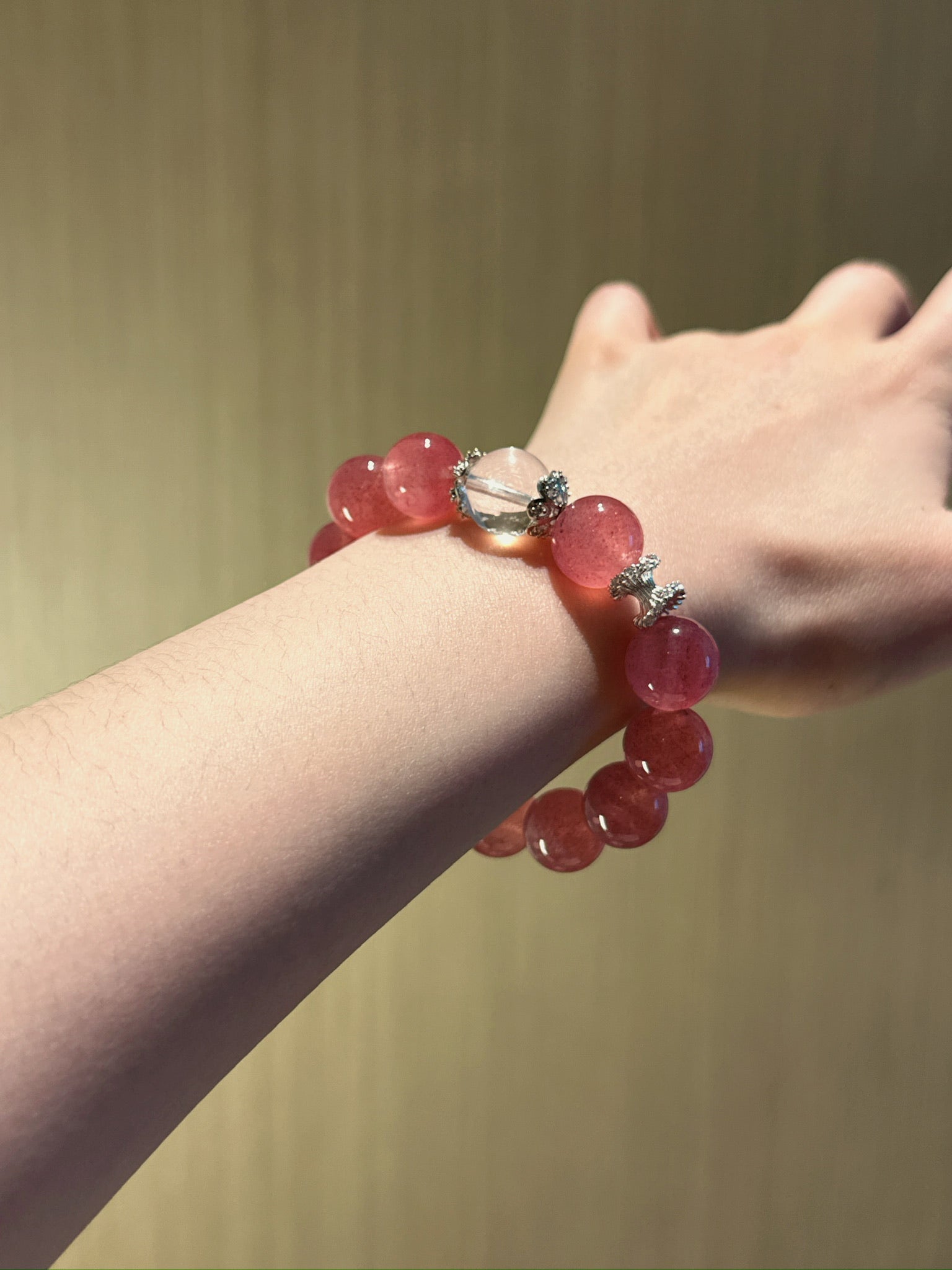 Natural Strawberry Quartz Crystal Bracelet — Strawberry Quartz, Clear Quartz | Handmade Crystal Jewelry