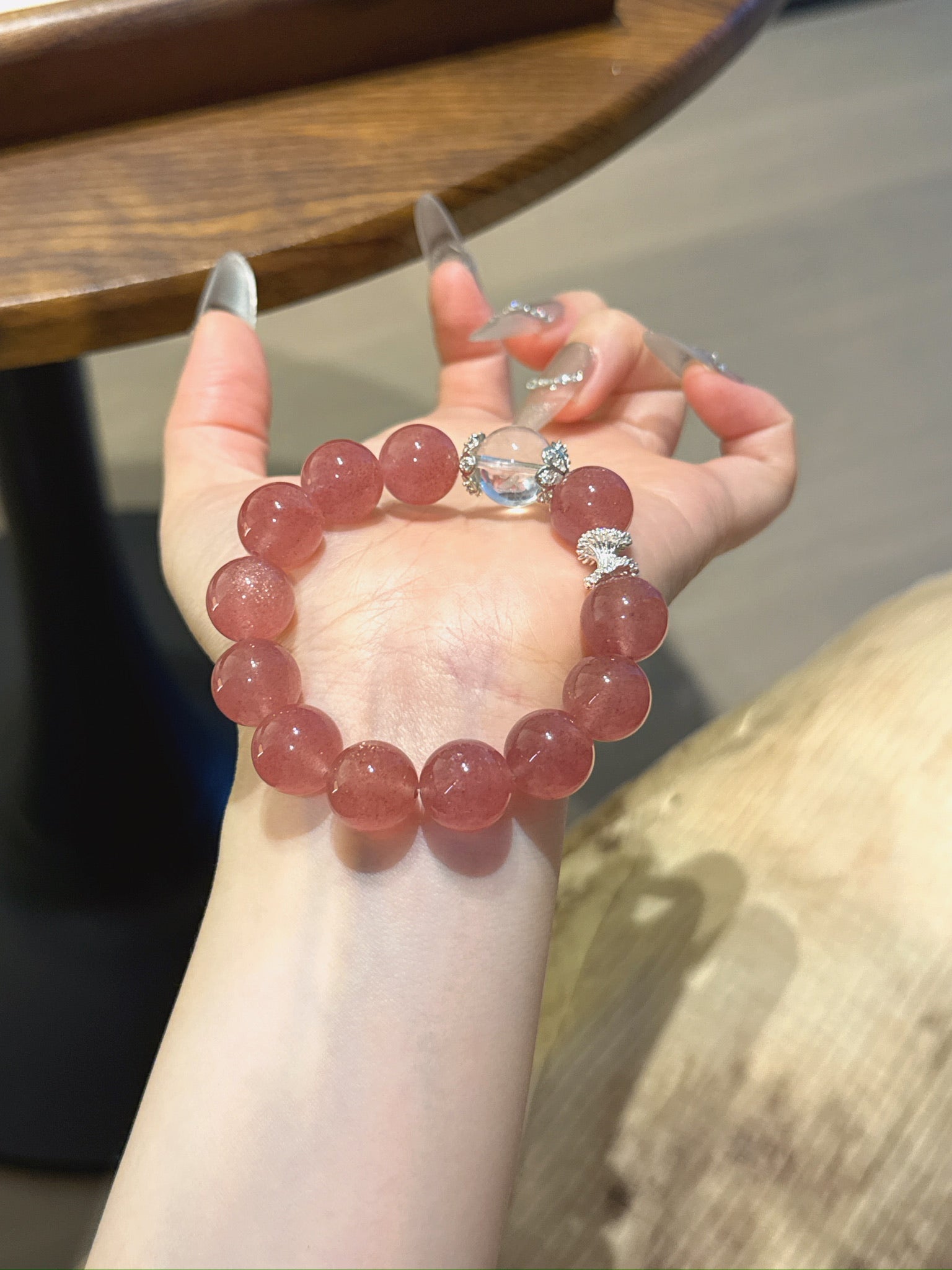 Natural Strawberry Quartz Crystal Bracelet — Strawberry Quartz, Clear Quartz | Handmade Crystal Jewelry