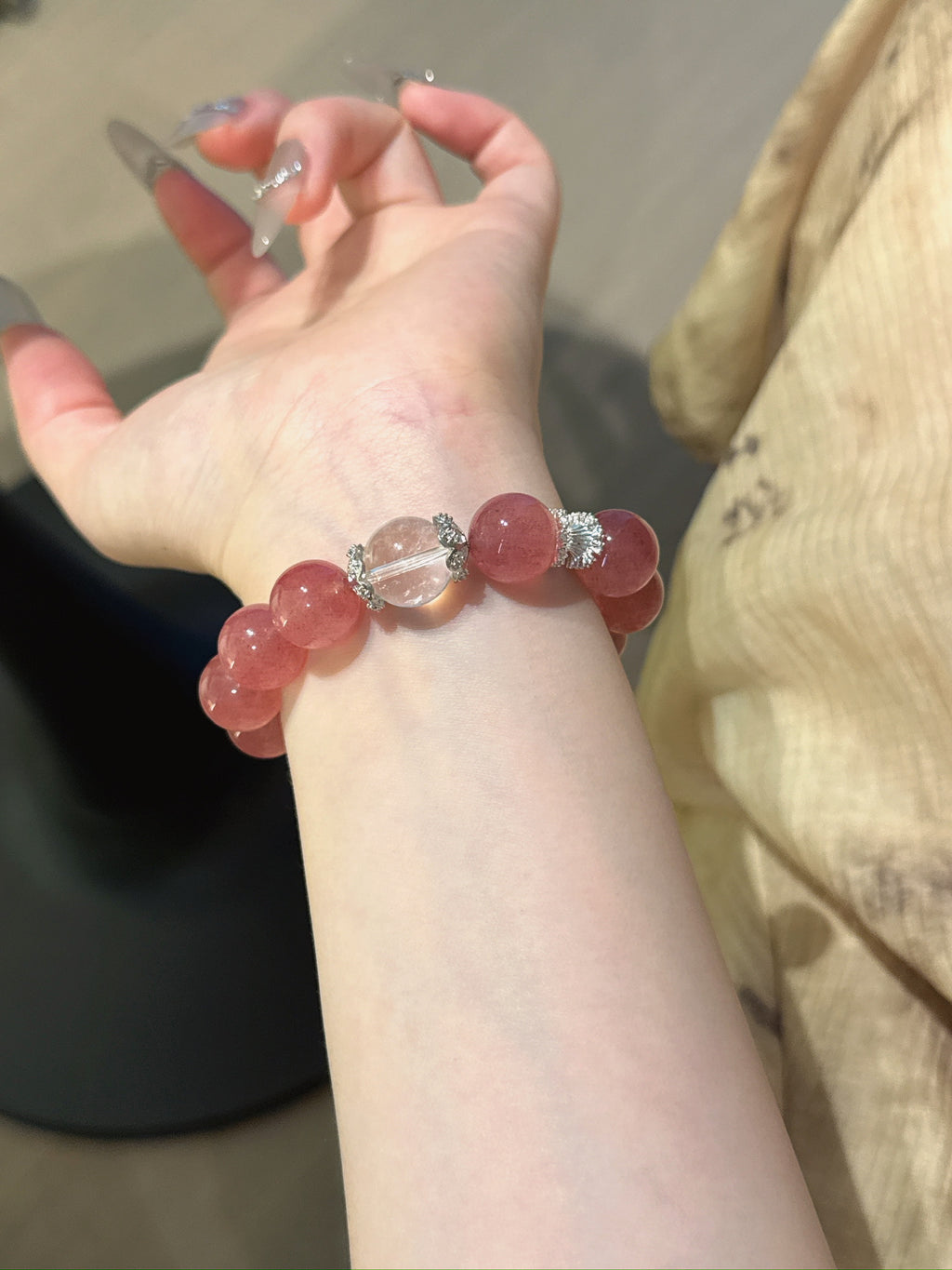 Natural Strawberry Quartz Crystal Bracelet — Strawberry Quartz, Clear Quartz | Handmade Crystal Jewelry