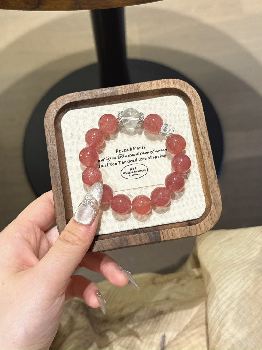 Natural Strawberry Quartz Crystal Bracelet — Strawberry Quartz, Clear Quartz | Handmade Crystal Jewelry