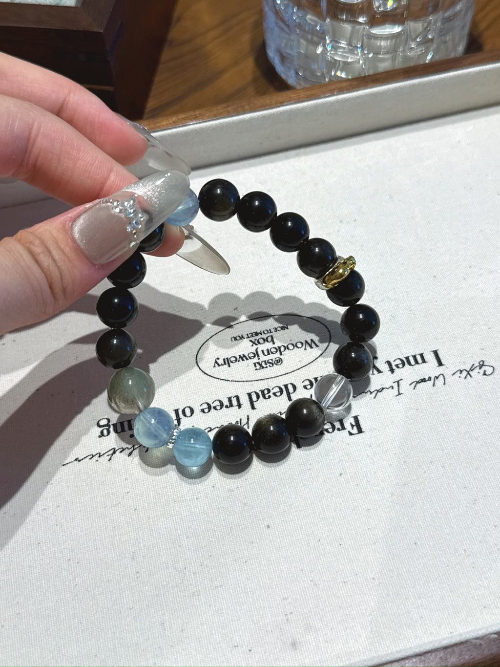 Rat (Chinese Zodiac) Natural Crystal Bracelet — Aquamarine, Gold Sheen Obsidian, Clear Quartz, Green Phantom Quartz | Zodiac Crystal Jewelry