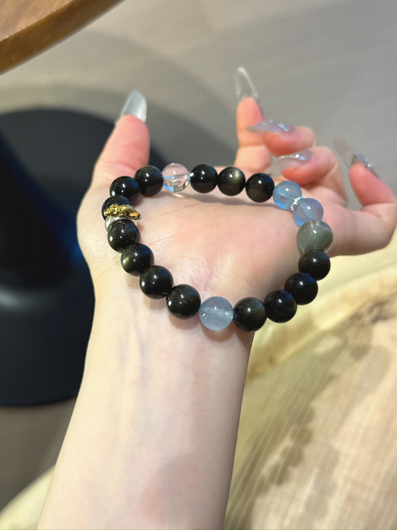 Rat (Chinese Zodiac) Natural Crystal Bracelet — Aquamarine, Gold Sheen Obsidian, Clear Quartz, Green Phantom Quartz | Zodiac Crystal Jewelry