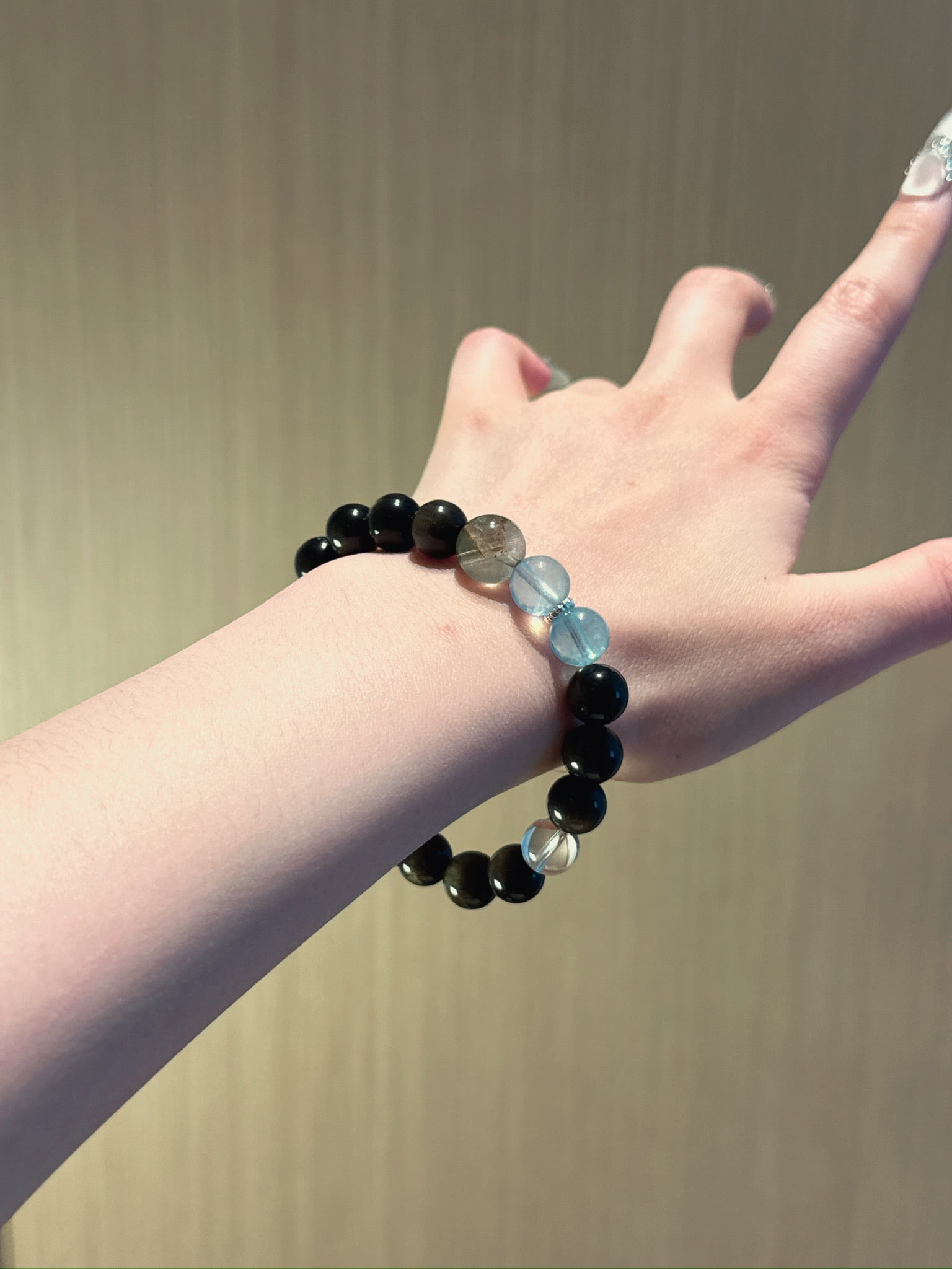 Rat (Chinese Zodiac) Natural Crystal Bracelet — Aquamarine, Gold Sheen Obsidian, Clear Quartz, Green Phantom Quartz | Zodiac Crystal Jewelry