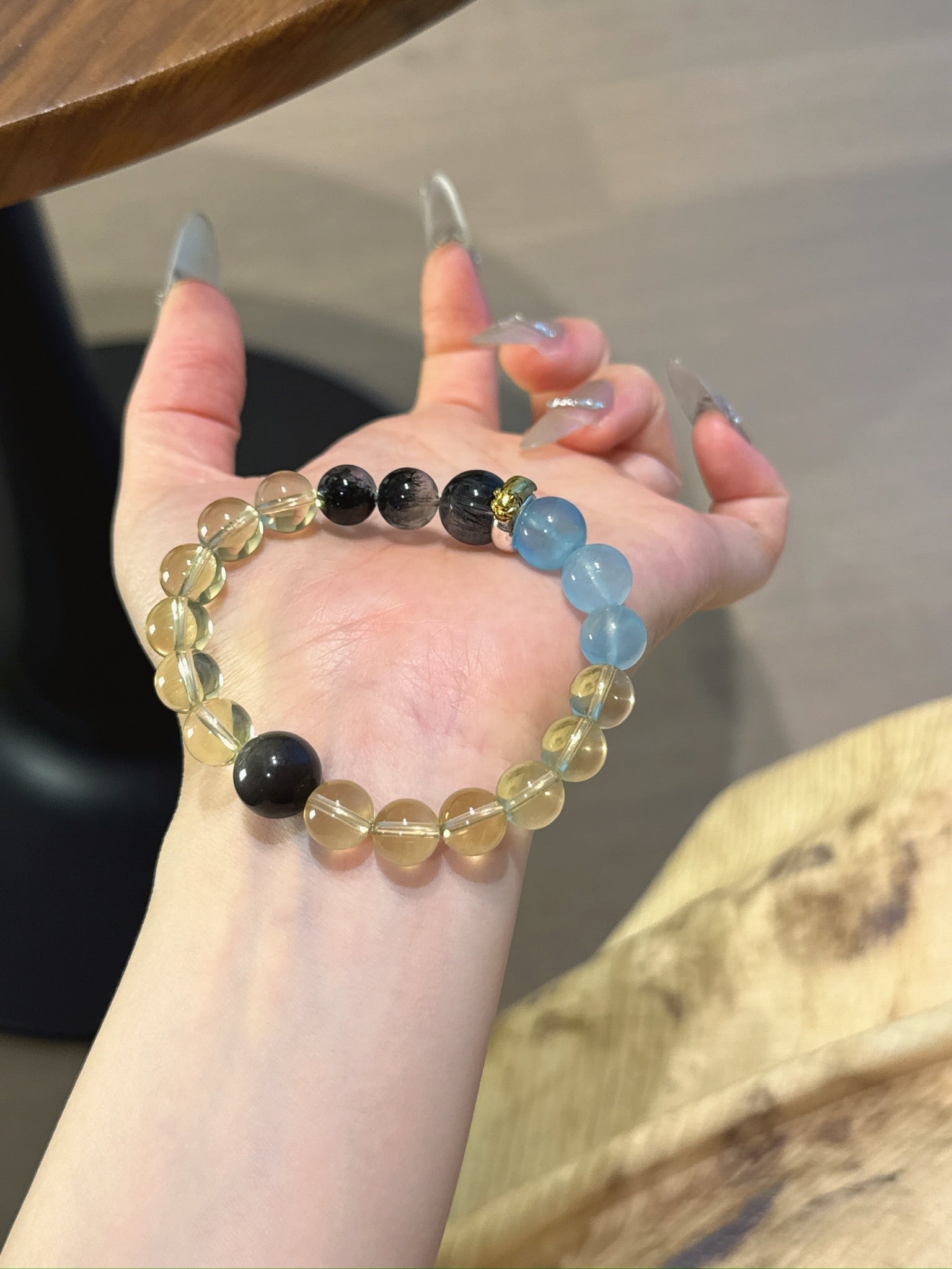 Pig (Chinese Zodiac) Natural Crystal Bracelet — Aquamarine, Citrine, Black Rutilated Quartz, Silver Sheen Obsidian | Zodiac Crystal Jewelry