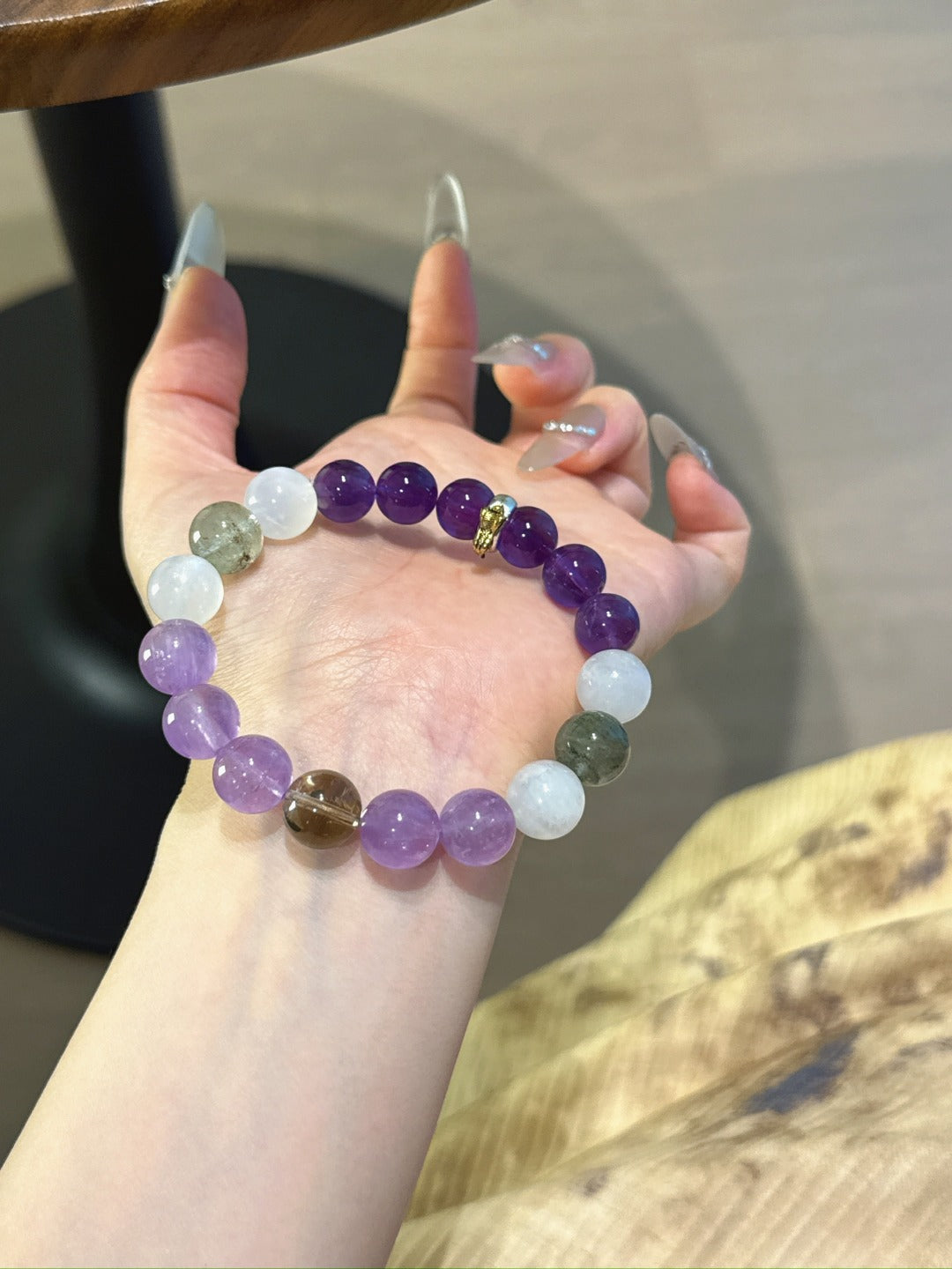 Snake (Chinese Zodiac) Natural Crystal Bracelet — Amethyst, Moonstone, Lavender Amethyst, Smoky Quartz, Green Phantom Quartz | Zodiac Crystal Jewelry