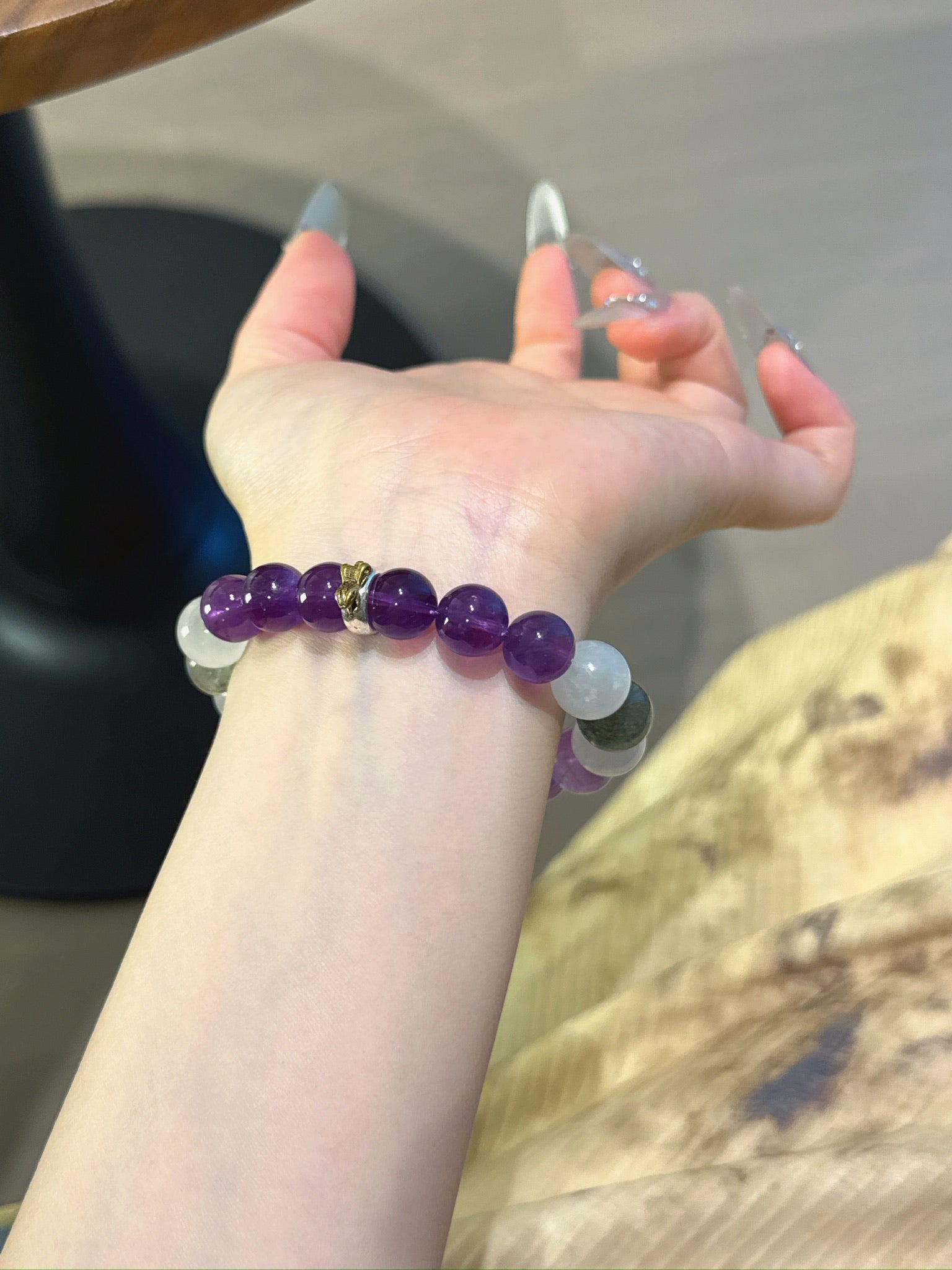 Snake (Chinese Zodiac) Natural Crystal Bracelet — Amethyst, Moonstone, Lavender Amethyst, Smoky Quartz, Green Phantom Quartz | Zodiac Crystal Jewelry