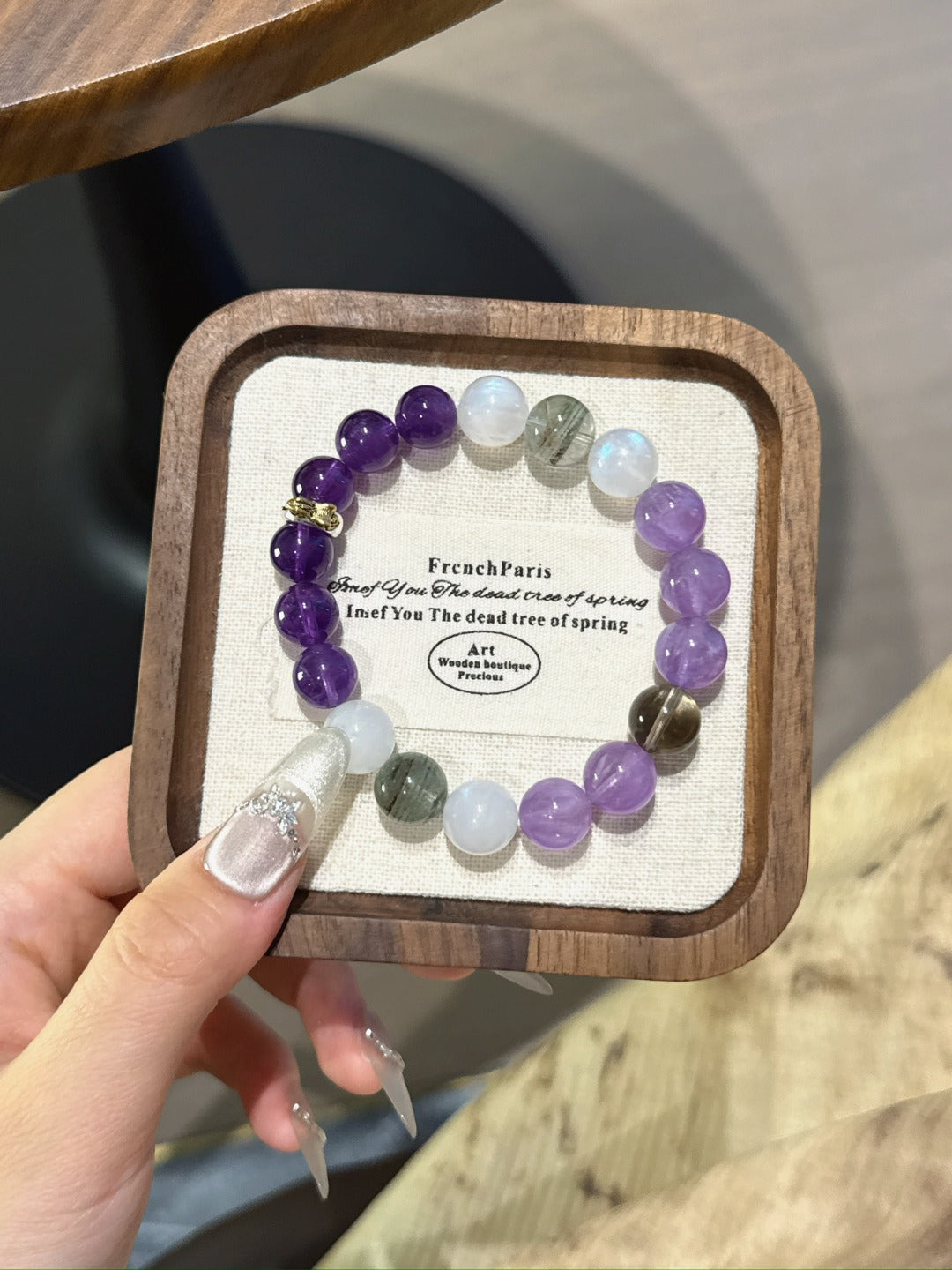 Snake (Chinese Zodiac) Natural Crystal Bracelet — Amethyst, Moonstone, Lavender Amethyst, Smoky Quartz, Green Phantom Quartz | Zodiac Crystal Jewelry