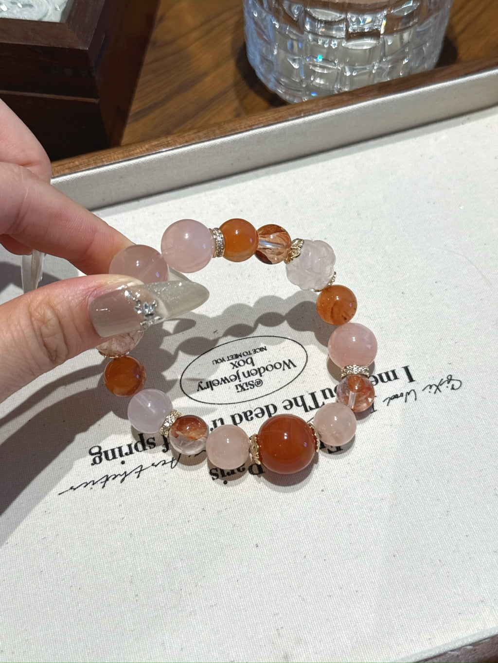 Natural Aura Quartz Crystal Bracelet — Aura Quartz, Rose Quartz, Red Agate | Handmade Crystal Jewelry