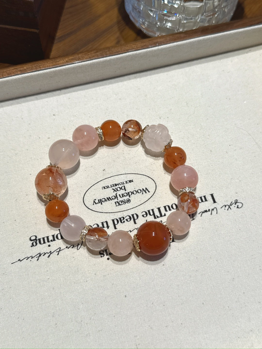 Natural Aura Quartz Crystal Bracelet — Aura Quartz, Rose Quartz, Red Agate | Handmade Crystal Jewelry