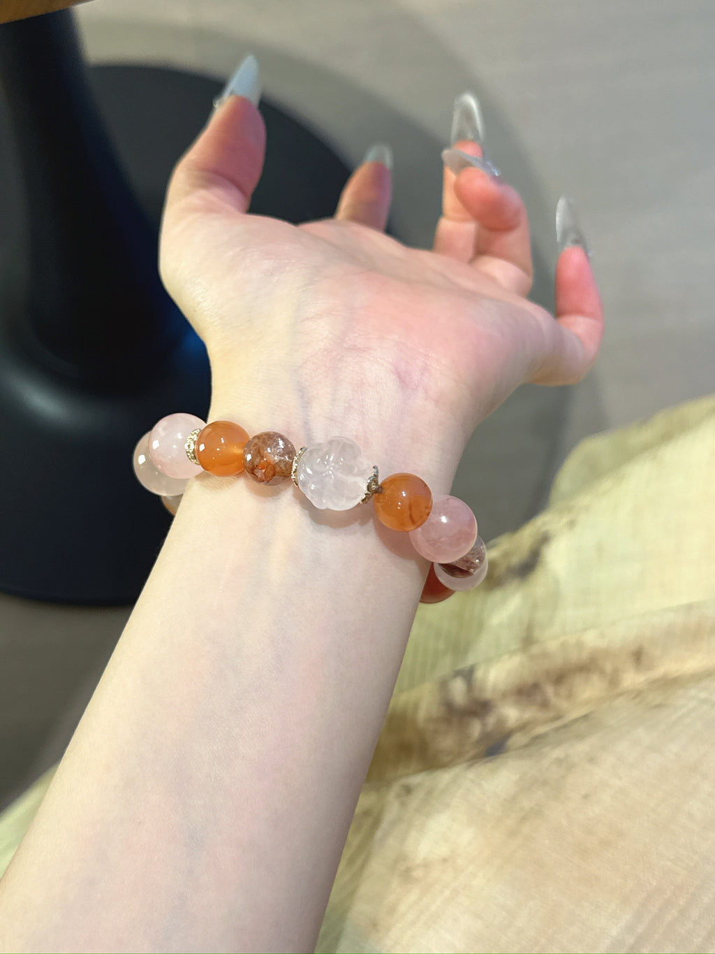 Natural Aura Quartz Crystal Bracelet — Aura Quartz, Rose Quartz, Red Agate | Handmade Crystal Jewelry
