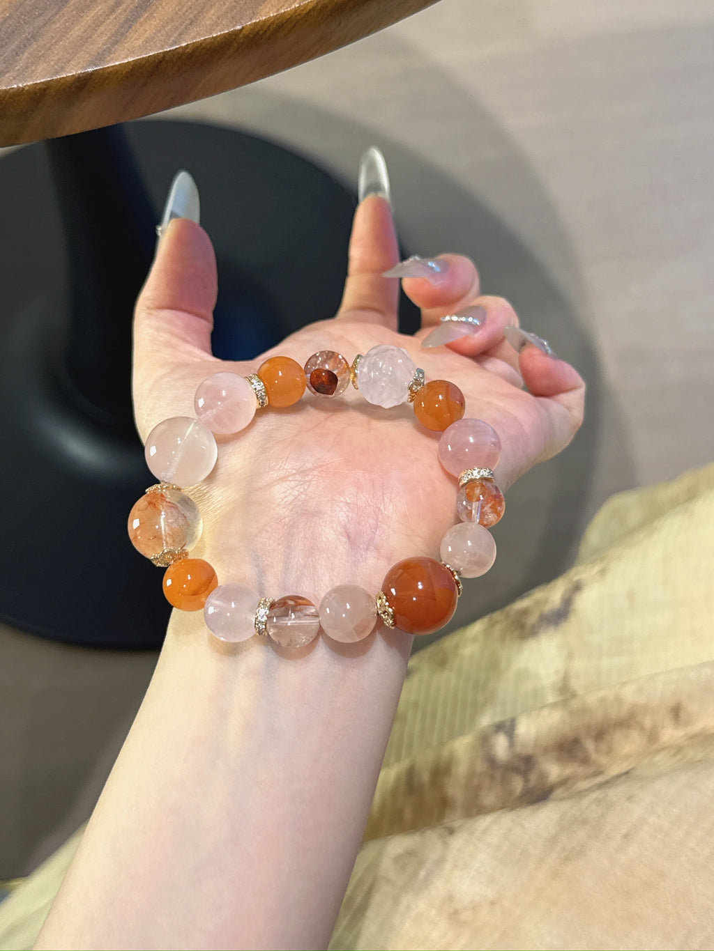 Natural Aura Quartz Crystal Bracelet — Aura Quartz, Rose Quartz, Red Agate | Handmade Crystal Jewelry