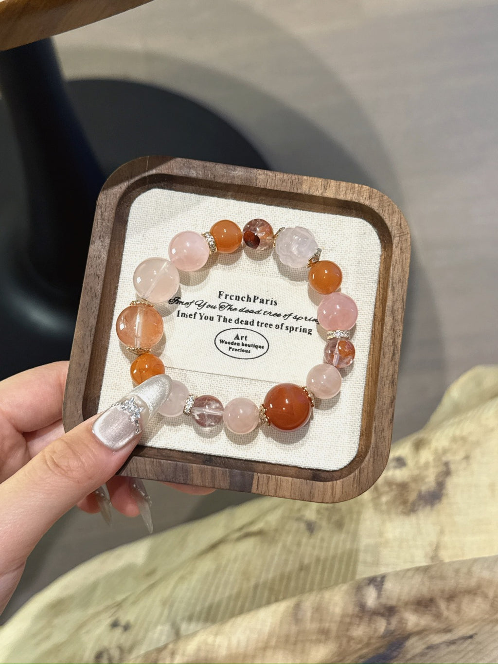 Natural Aura Quartz Crystal Bracelet — Aura Quartz, Rose Quartz, Red Agate | Handmade Crystal Jewelry