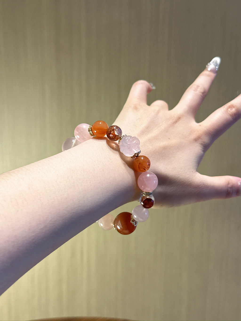 Natural Aura Quartz Crystal Bracelet — Aura Quartz, Rose Quartz, Red Agate | Handmade Crystal Jewelry