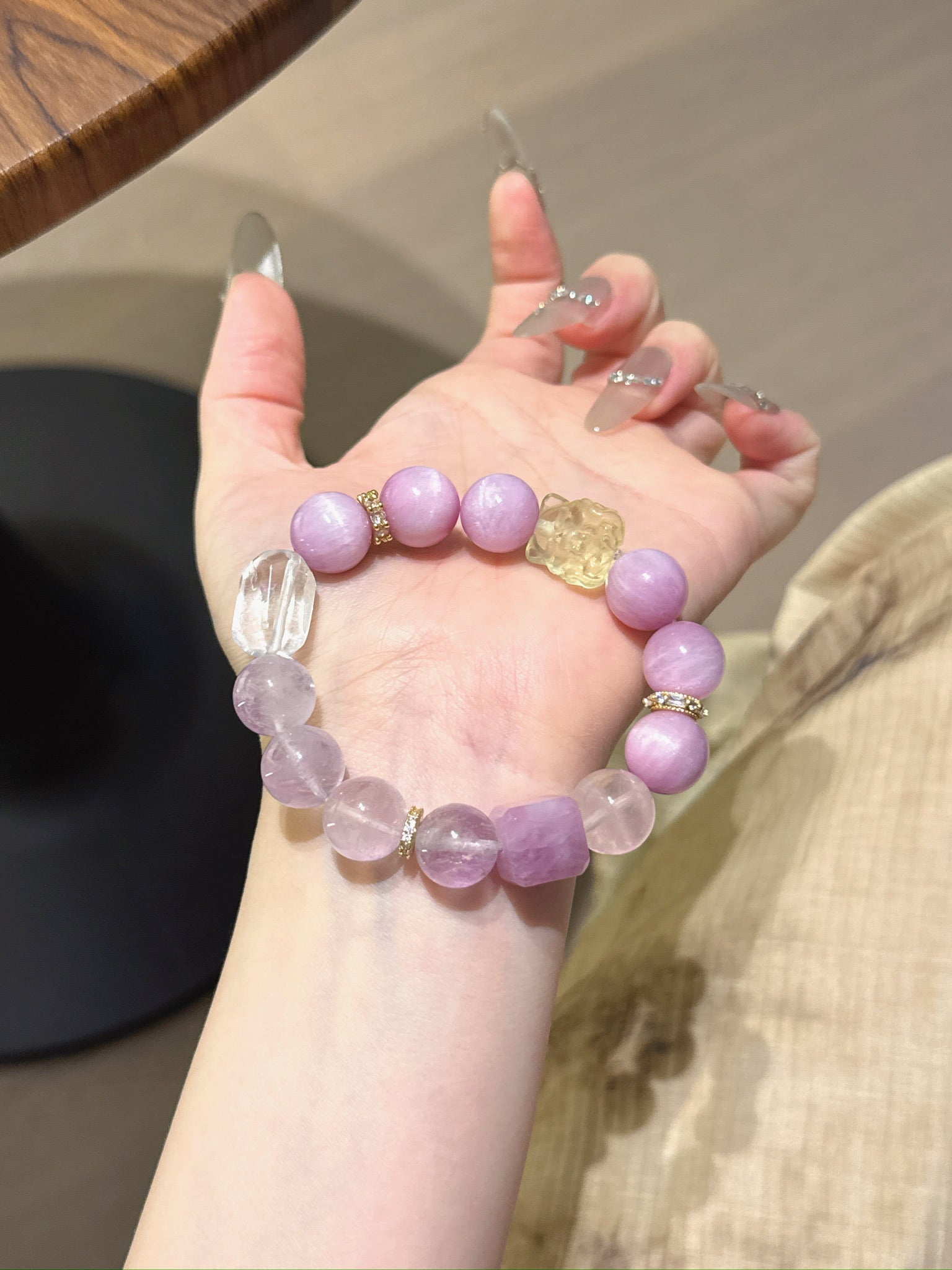 Natural Kunzite Crystal Bracelet — Kunzite, Amethyst, Rose Quartz, Clear Quartz, Citrine | Handmade Crystal Jewelry